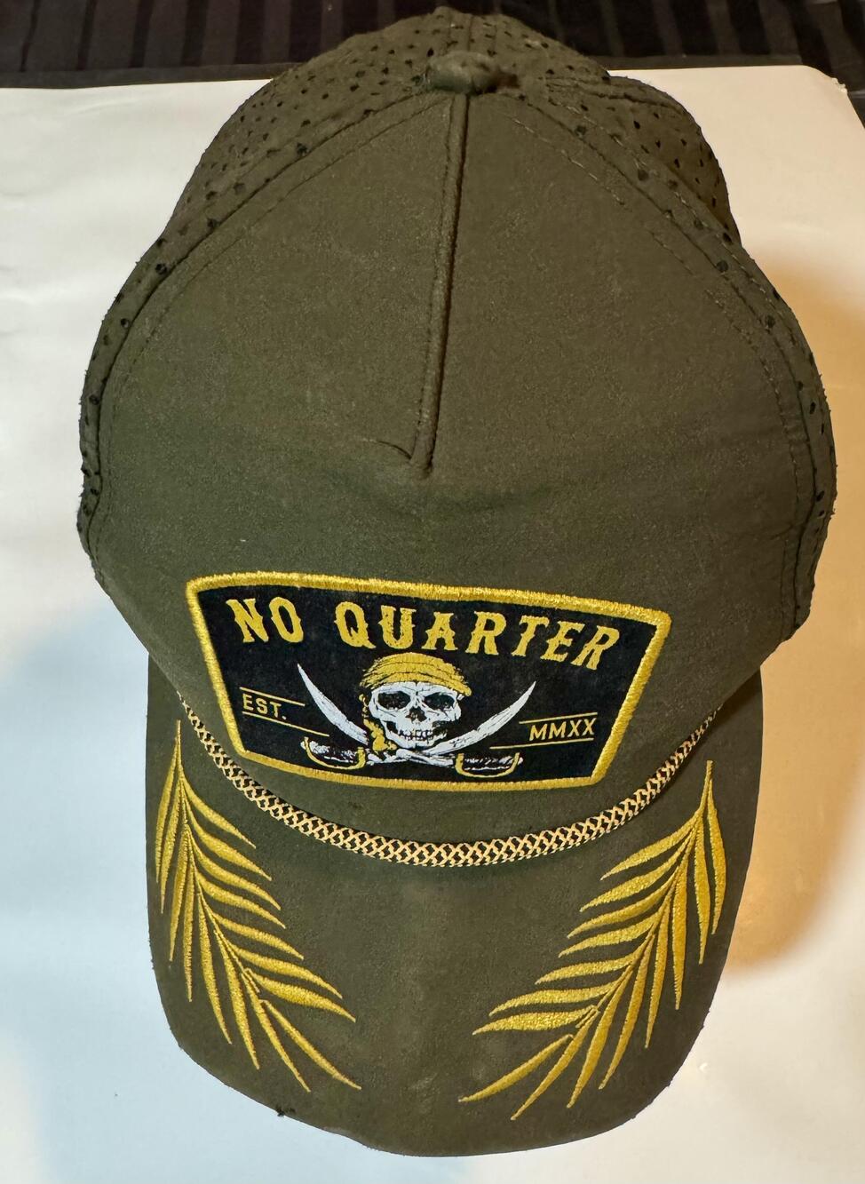 No Quarter Hat Cap Snap Back Olive Green Pirate Skull Embroidered Mesh Mens